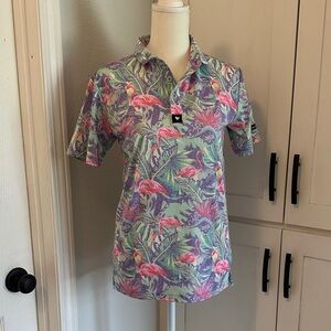Bad Birdie Pink Flamingo Tropical Print Golf Polo in Mint and Lavender